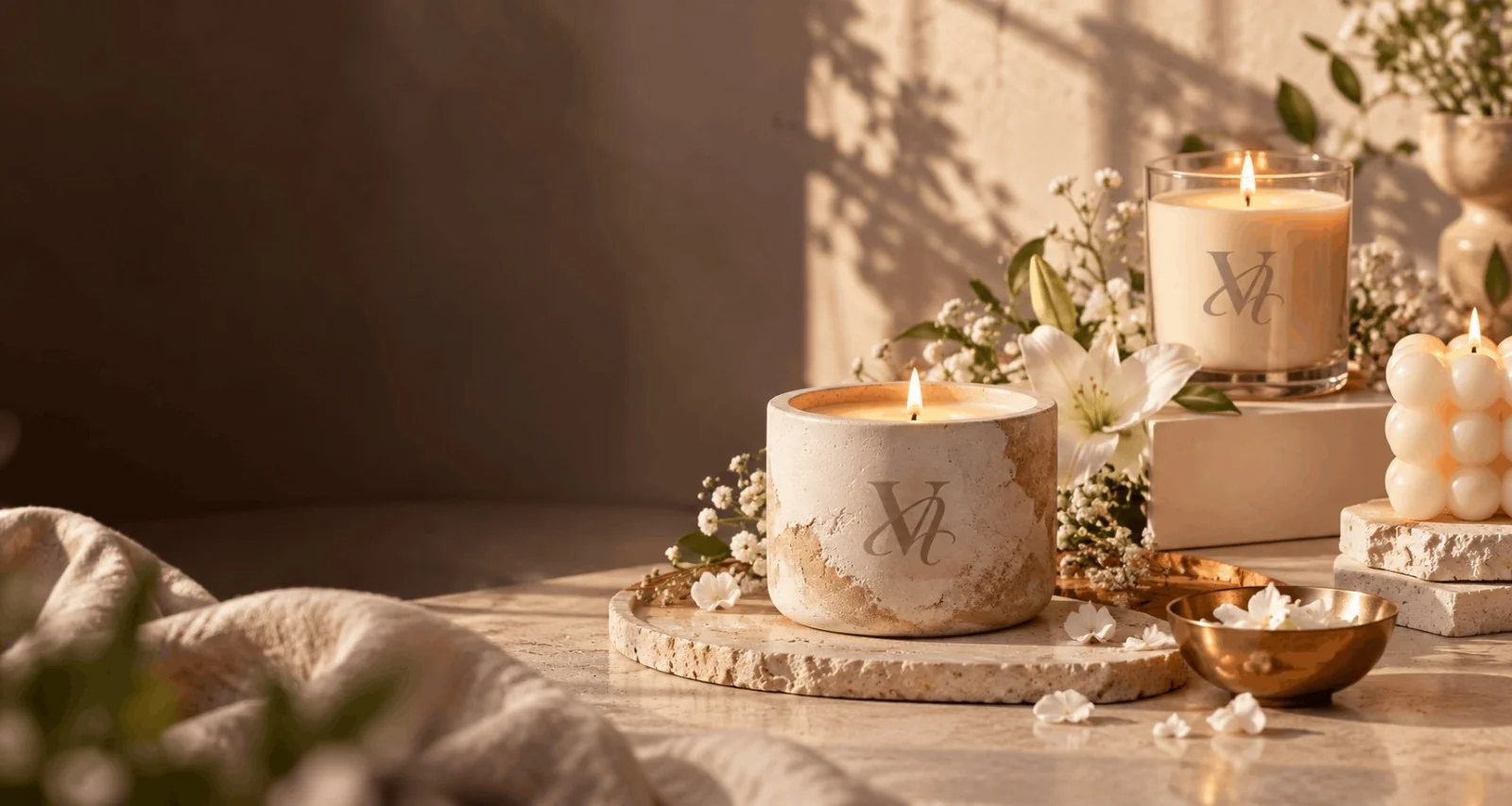 Valk Aura candles glowing on a travertine table